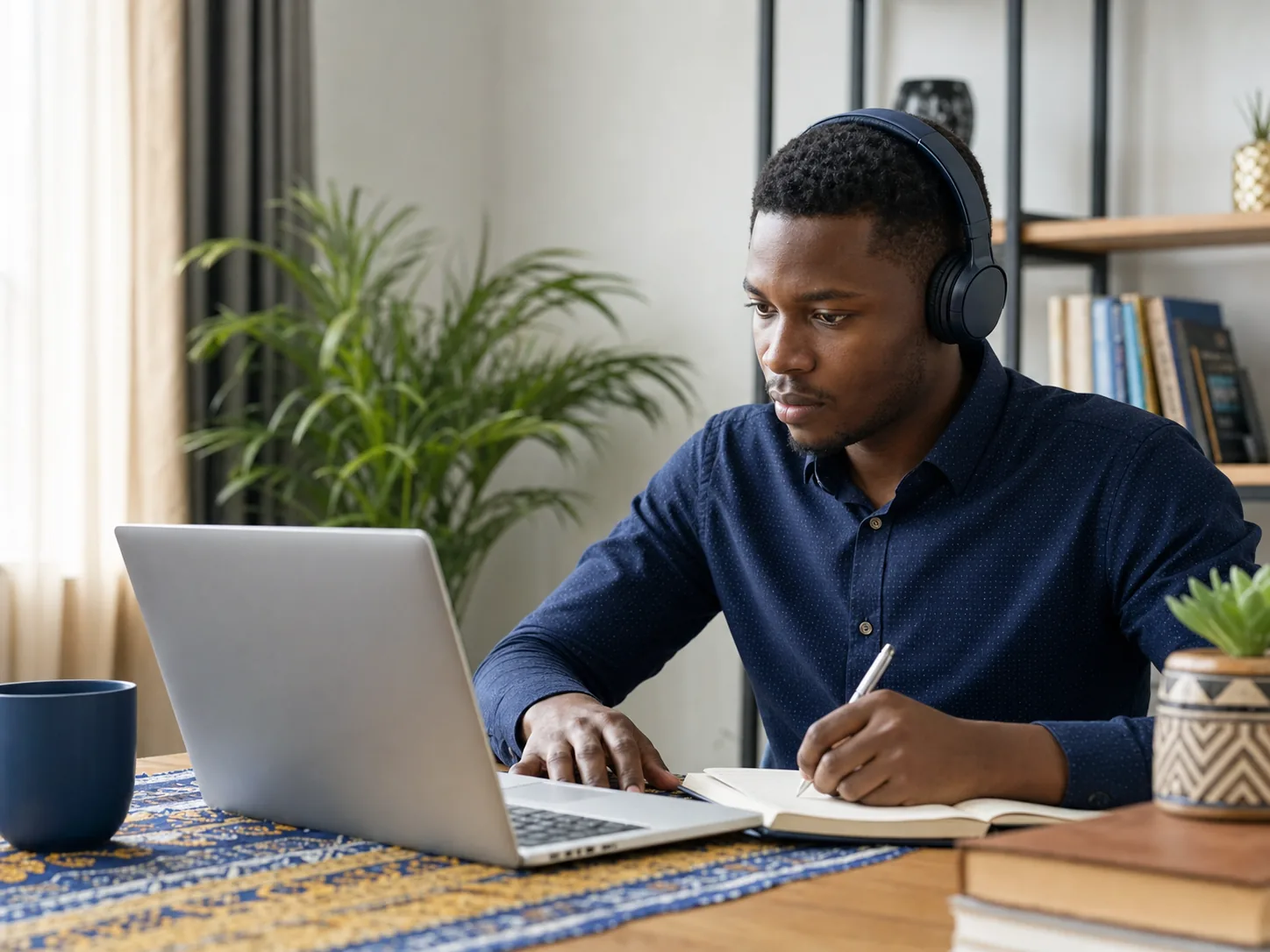 African learner taking an online course at home